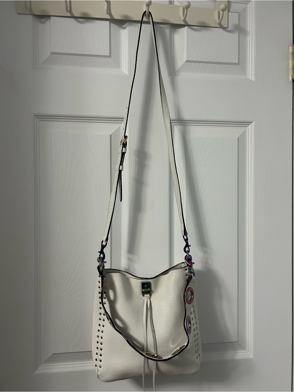 Rebecca Minkoff White Pebbled Leather Shoulder Bag with Stud Accents